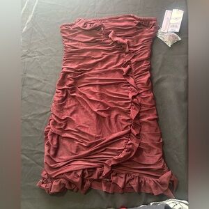 wild fable Strapless Ruched Ruffle Dress - Burgundy